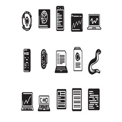 collection of black and white icons representing technology and programming elements in a grid layou