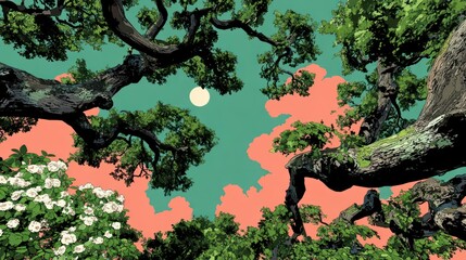 Wall Mural - Ancient gnarled tree branches reaching towards a pale moon against a teal sky with pink clouds and white blossoms