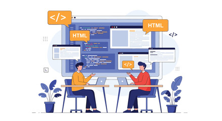 Two developers collaborating on a web development project with multiple code editors and browser previews visible on screen