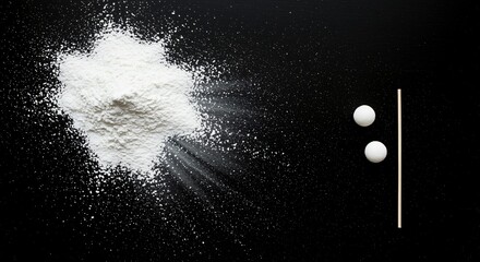 Wall Mural - abstract baking scene flour explosion with white balls and stick on black background