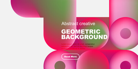 Wall Mural - vibrant geometric shapes overlap black background. text promotes creative design, includes read more