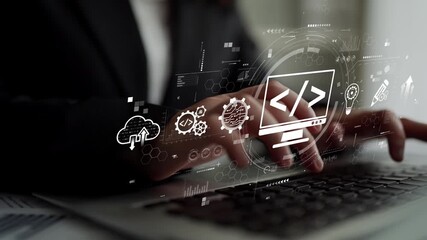 Modern web development concept featuring coding symbols, web development process, web development interface, and web development tools with futuristic design. Muxer