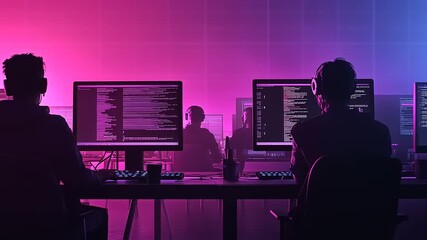 Two programmers working intently at their computers in a vibrant, colorful office environment