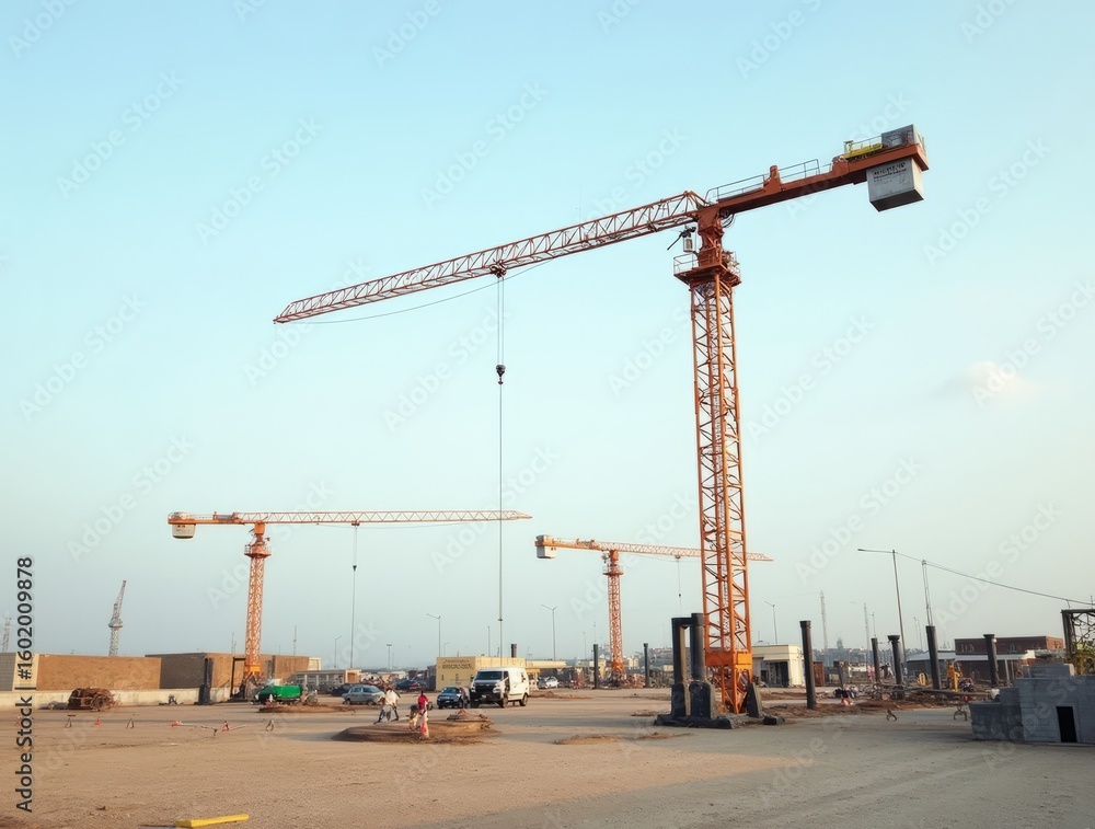 Construction site with multiple tower cranes lifting materials across ...