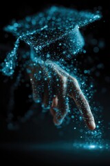 Wall Mural - futuristic hand with glowing dots pointing towards a digital graduation cap
