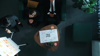 Wall Mural - top down aerial view of executive manager write whiteboard and share marketing strategy. smart diver