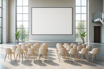 Wall Mural - Modern conference room interior with blank presentation screen and rows of empty chairs in bright minimalist space for branding or mockup concept.