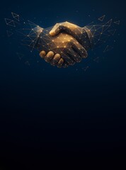 Wall Mural - abstract low-poly handshake with glowing golden lines on dark background, symbolizing business partn