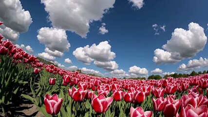 Wall Mural - bright pink red tulips swaying gently beneath clear summer sky fluffy white clouds creating vibrant floral landscape 4K perfect seasonal nature related design video