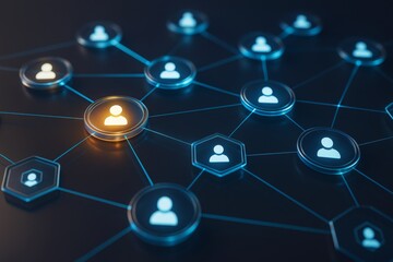 Wall Mural - glowing user icons connected by lines in a digital network with blue and orange light effects on dar