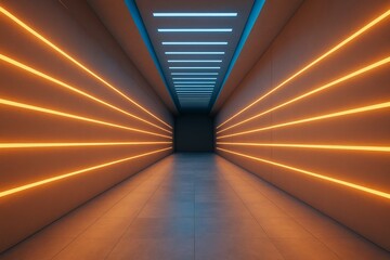Wall Mural - futuristic corridor with glowing orange and blue lights creating a surreal perspective in a digital 