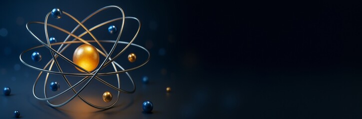 Wall Mural - abstract atom model with golden nucleus and metallic electron orbits on dark background with copy sp