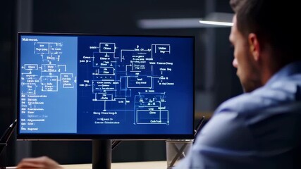 Focused programmer working on flowchart diagrams on a desktop monitor in a modern office