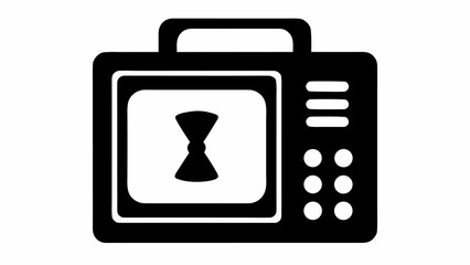 Black and white illustration of a medical ultrasound machine displaying an hourglass shape on screen
