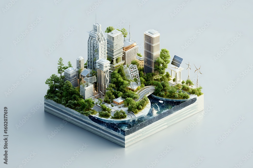 Sustainable city concept shows modern eco conscious architecture with ...
