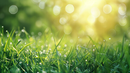 Wall Mural - a fresh spring sunny garden background of green grass and blurred foliage bokeh.