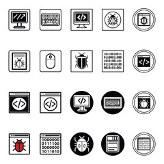 Collection of computer programming and cybersecurity icons representing software development and digital security