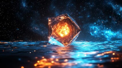 Wall Mural - Cosmic Diamond.  Burning star encased in a crystalline structure against a starry night sky over a rippling, luminous sea