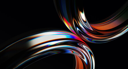 3d iridescent liquid glass ribbon wave line with neon rainbow light texture on abstract black backgr