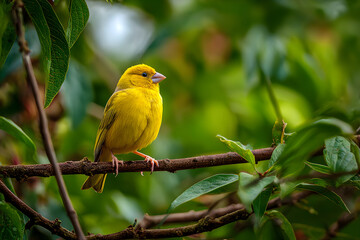  Radiant Yellow Canary Perched Amidst Verdant Foliage in a Serene Natural Setting