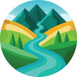 © Desingora - Vibrant vector landscape in a circular emblem showing a winding river, green hills, and majestic mountain peaks.