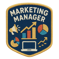 Marketing manager embroidered patch with charts and laptop design