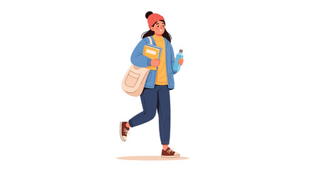 A happy female student wearing a beanie walks to university, carrying a book and a water bottle in this vector illustration.
