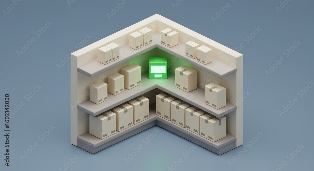 Warehouse Shelving with Boxes and Glowing Screen Inventory System Stock ...