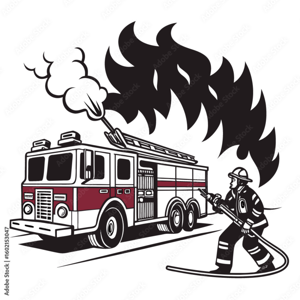 Firefighter in action spraying water from hose on fire truck emergency ...