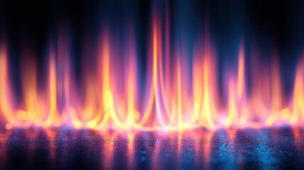 with fire flames rising from a reflective surface Golden bokeh lights and particles in dark background