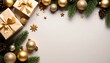© NAPAARTMAX - Festive holiday celebration with golden ornaments and gift boxes indoor setting christmas decor cozy atmosphere top-down view joyful spirit