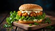 © artlord - Classic Crispy Fried Chicken Sandwich with Fresh Lettuce and Creamy Mayonnaise on a Wooden Board
