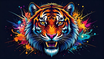  Vibrant tiger head graphic with colorful splashes