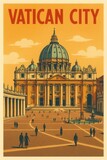 St Peter’s Basilica stands tall with crowds gathered in Vatican City’s plaza under a golden sky and surrounded by statues and colonnades