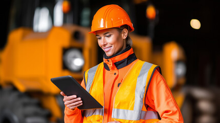 female construction worker in safety helmet and high-visibility vest using tablet at building site. 