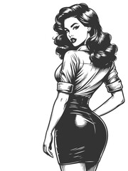 Wall Mural - confident woman with long wavy hair, turning back in a form-fitting blouse and pencil skirt sketch e