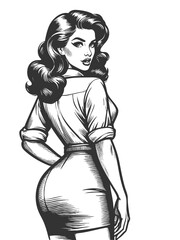 Wall Mural - woman glancing over her shoulder, wearing a skirt and blouse in retro fashion sketch engraving gener