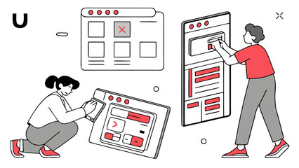 two people collaborating on digital interfaces and user experience design working with website layou