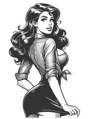 Wall Mural - confident woman turning back with a flirty expression, wearing tied blouse and skirt sketch engravin