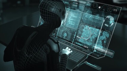 Wall Mural - wireframe ai robot analyzing data on futuristic laptop with holographic display