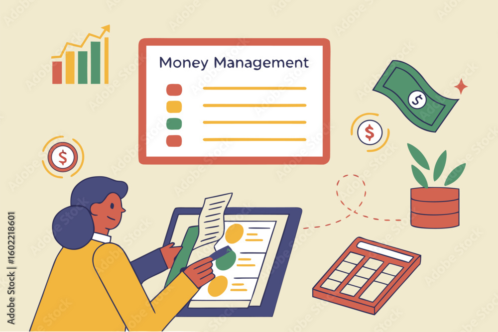 Techniques for money management illustrated with charts, currency, and ...