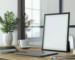 © SUUGOIisME - Blank frame mockup on wooden desk with laptop. coffee cup. and plant
