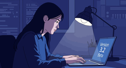 A focused female developer works late at night, typing on a laptop illuminated by a desk lamp while testing a beta version of software.