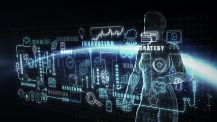 Wall Mural - futuristic scene of an android interacting with a virtual panel