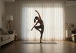 © Agus Ismanto - A woman in athletic wear practices a yoga pose, balancing on one leg with arms extended, in a bright living room setting.
