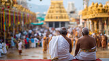 Devotees watching sacred offering ceremony at Venkateswara shrine, priests in white dhoti, festive temple backdrop