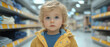 © Suhainee - Blonde toddler blue eyes yellow jacket soft focus standing in store aisle curious expression casual clothing indoor retail environment shelves background