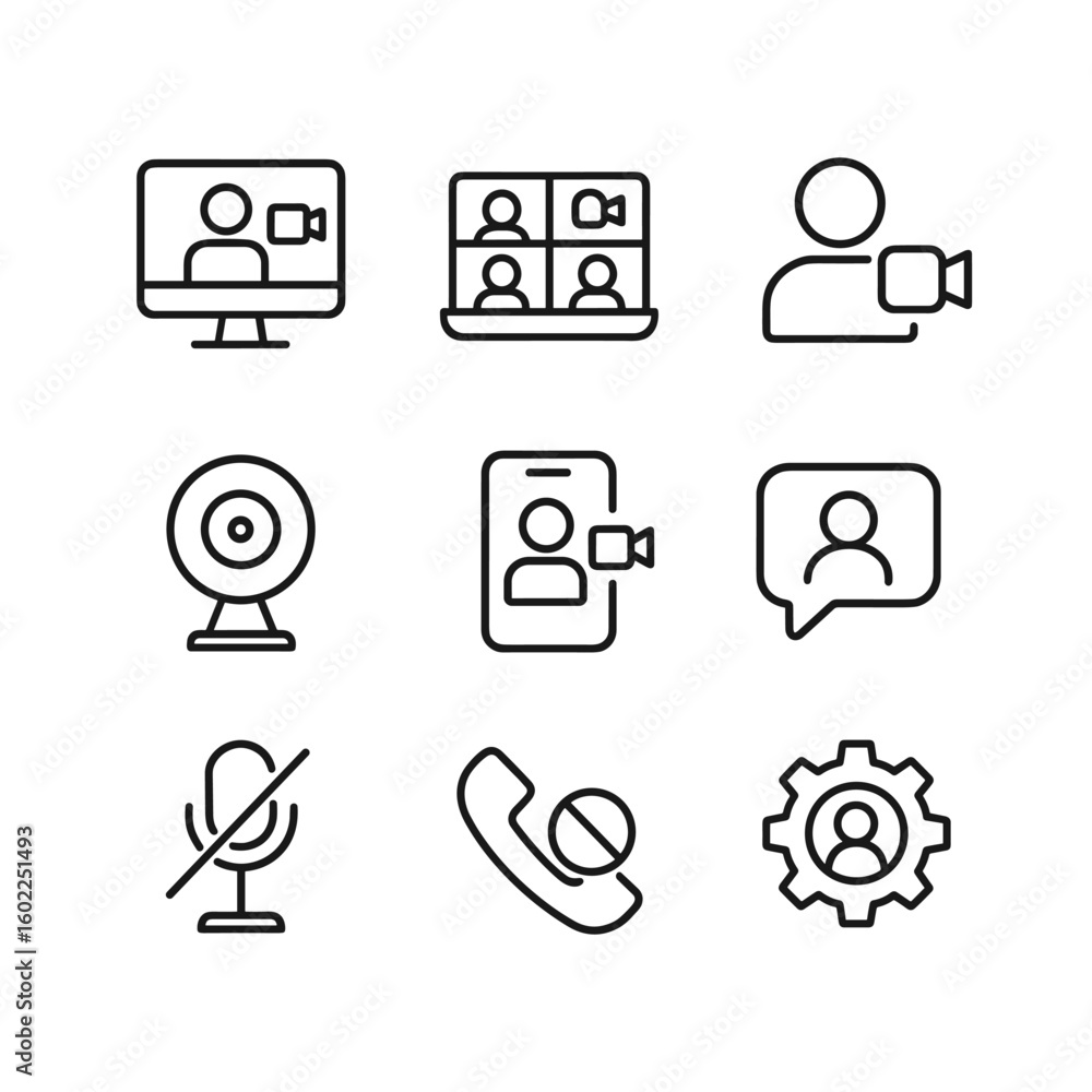 Remote meeting and video call icon collection. Outline symbols. Line ...