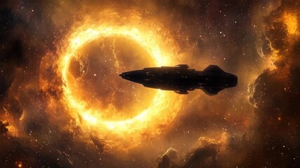Wall Mural - A spaceship flies past a fiery cosmic ring in deep space. Cinematic video style with a side angle, capturing the vastness and mystery of the universe. Live desktop wallpaper.