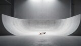 Skateboard resting in an empty modern concrete skatepark bowl